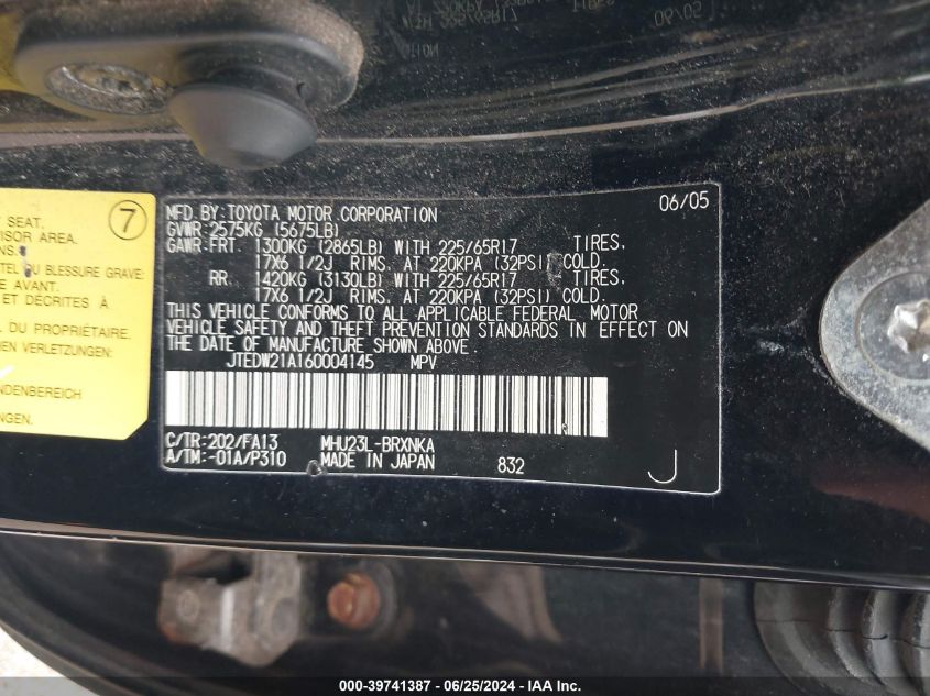 2006 Toyota Highlander Hybrid V6 VIN: JTEDW21A160004145 Lot: 39741387