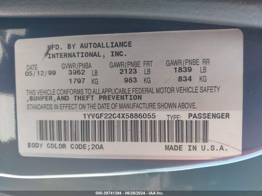 1999 Mazda 626 Es/Lx VIN: 1YVGF22C4X5886055 Lot: 39741394