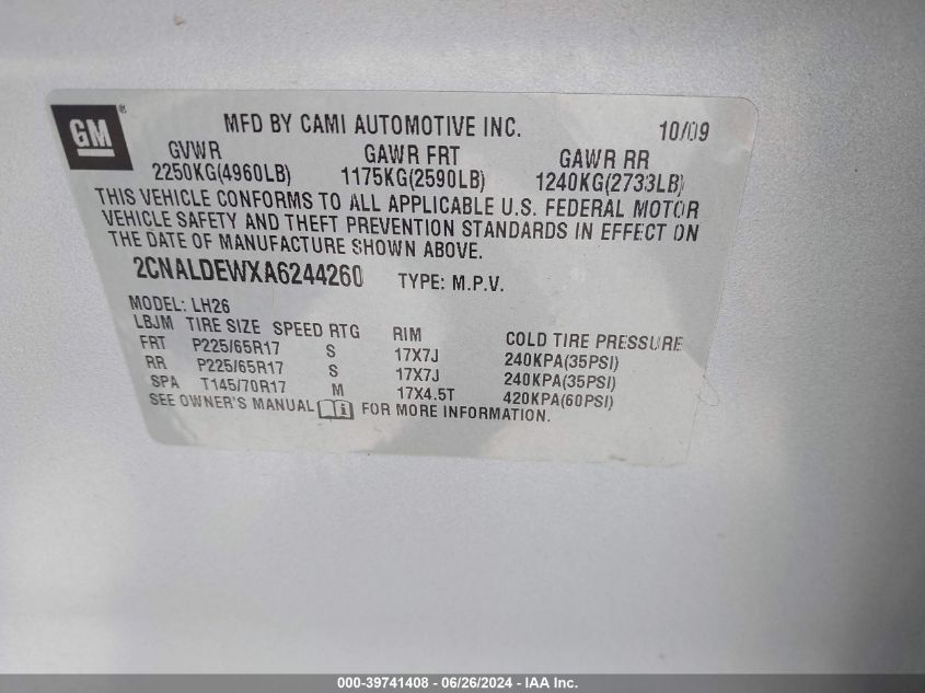 2010 Chevrolet Equinox Lt VIN: 2CNALDEWXA6244260 Lot: 39741408