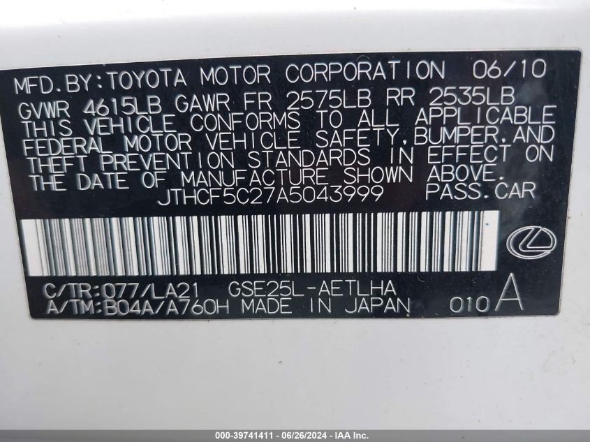 2010 Lexus Is 250 VIN: JTHCF5C27A5043999 Lot: 39741411