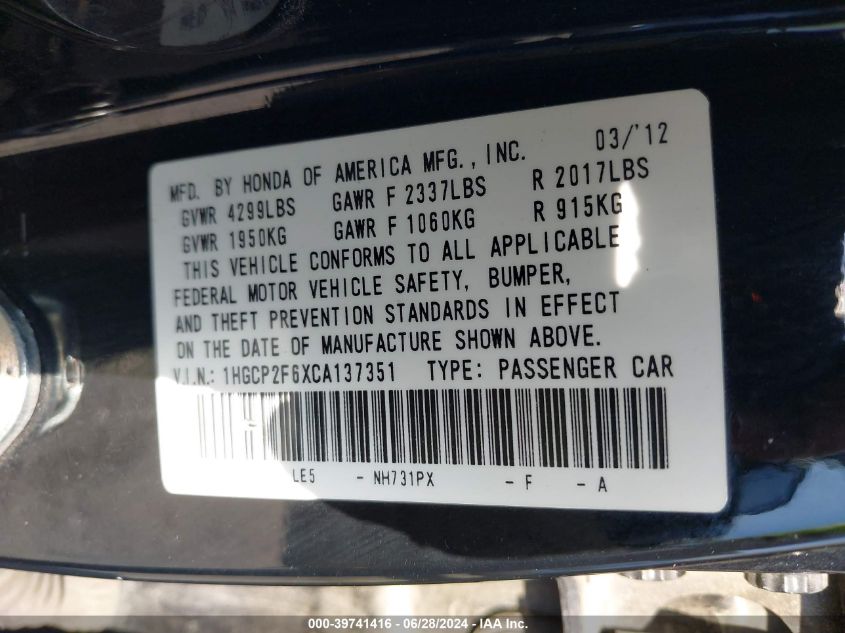 1HGCP2F6XCA137351 2012 Honda Accord 2.4 Se