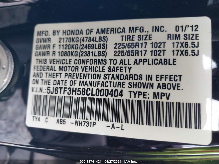 2012 Honda Crosstour Exl VIN: 5J6TF3H58CL000404 Lot: 39741421