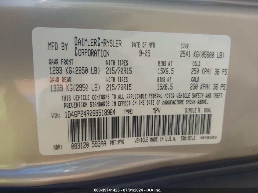 2006 Dodge Grand Caravan Se VIN: 1D4GP24R06B518964 Lot: 39741425