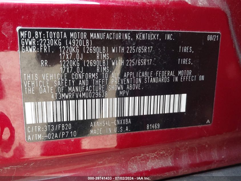 2021 Toyota Rav4 Hybrid Le VIN: 4T3MWRFV4MU029638 Lot: 39741433