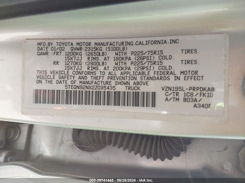 2002 Toyota Tacoma Prerunner V6 VIN: 5TEGN92NX2Z035435 Lot: 39741445