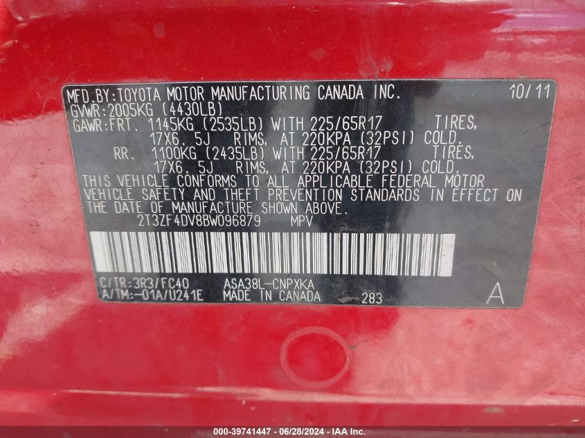 2011 Toyota Rav4 VIN: 2T3ZF4DV8BW096879 Lot: 39741447