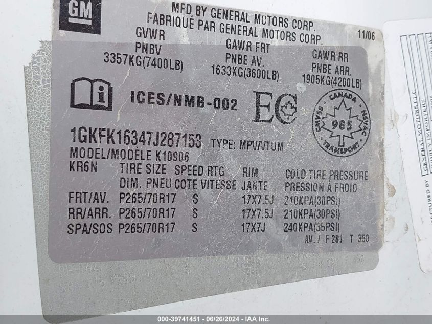 2007 GMC Yukon Xl 1500 K1500 VIN: 1GKFK16347J287153 Lot: 39741451