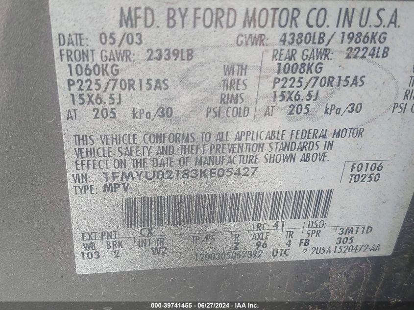 2003 Ford Escape Xls VIN: 1FMYU02183KE05427 Lot: 39741455