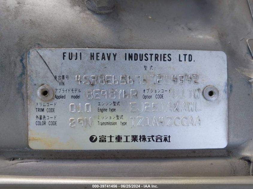 2001 Subaru Legacy Gt Limited VIN: 4S3BE656717214342 Lot: 39741456