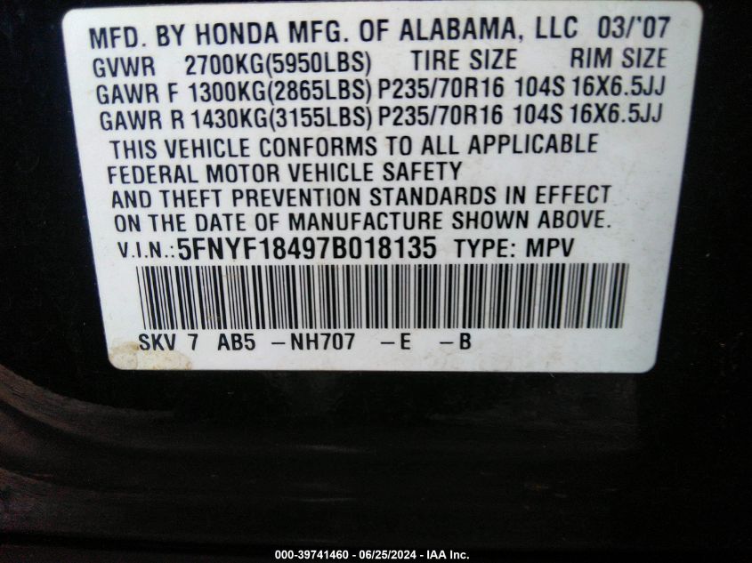 2007 Honda Pilot Ex VIN: 5FNYF18497B018135 Lot: 39741460