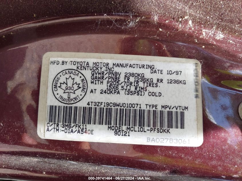 1998 Toyota Sienna Ce VIN: 4T3ZF19C9WU010071 Lot: 39741464