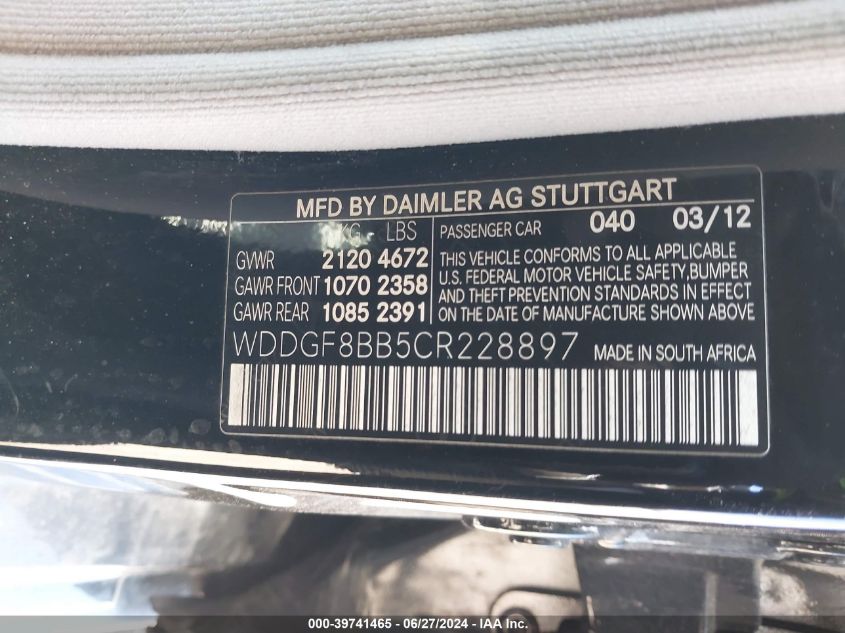 2012 Mercedes-Benz C 300 Luxury 4Matic/Sport 4Matic VIN: WDDGF8BB5CR228897 Lot: 39741465