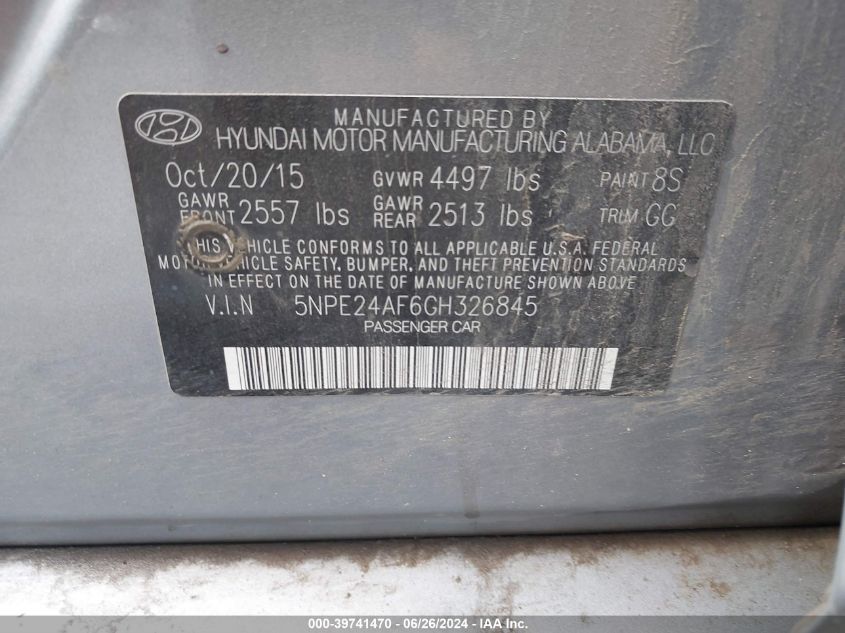 2016 Hyundai Sonata Se VIN: 5NPE24AF6GH326845 Lot: 39741470