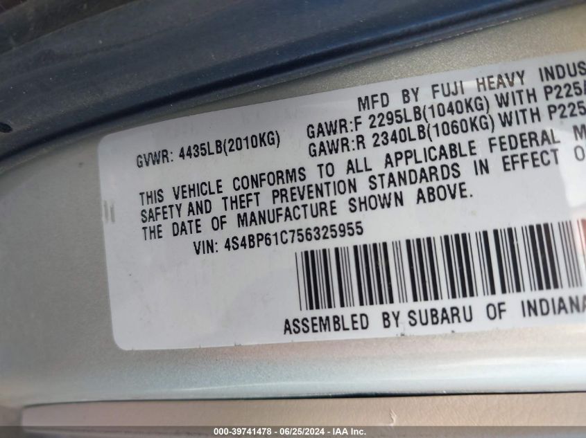 2005 Subaru Outback 2.5I VIN: 4S4BP61C756325955 Lot: 39741478