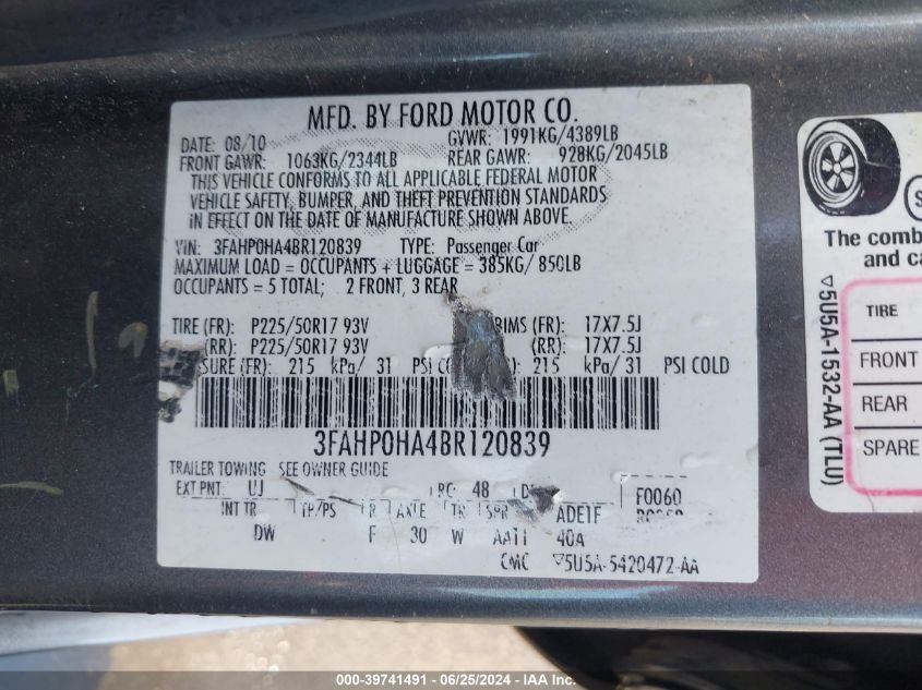 2011 Ford Fusion Se VIN: 3FAHP0HA4BR120839 Lot: 39741491