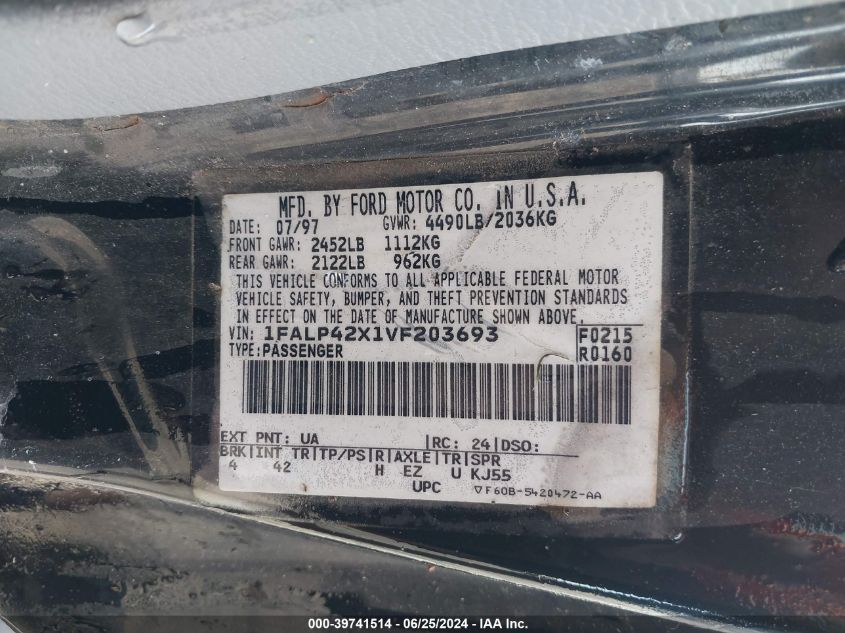 1997 Ford Mustang Gt VIN: 1FALP42X1VF203693 Lot: 39741514