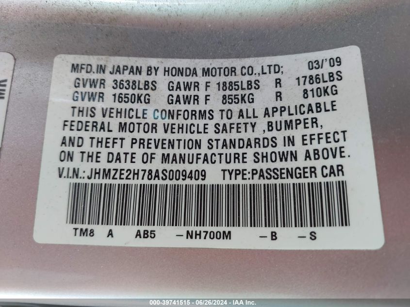 2010 Honda Insight Ex VIN: JHMZE2H78AS009409 Lot: 39741515