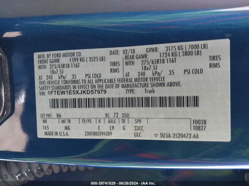 2018 Ford F-150 Xlt VIN: 1FTEW1E5XJKD57979 Lot: 39741529