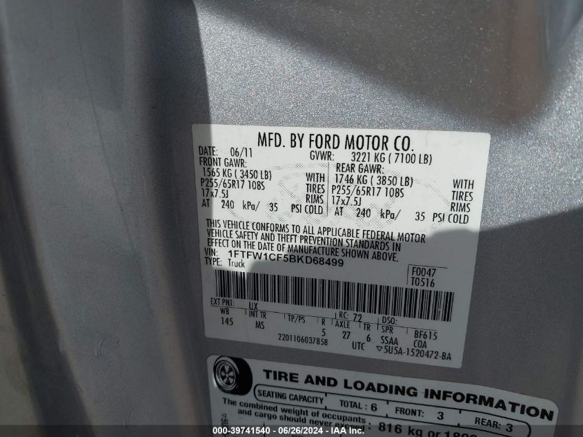 2011 Ford F150 Supercrew VIN: 1FTFW1CF5BKD68499 Lot: 39741540