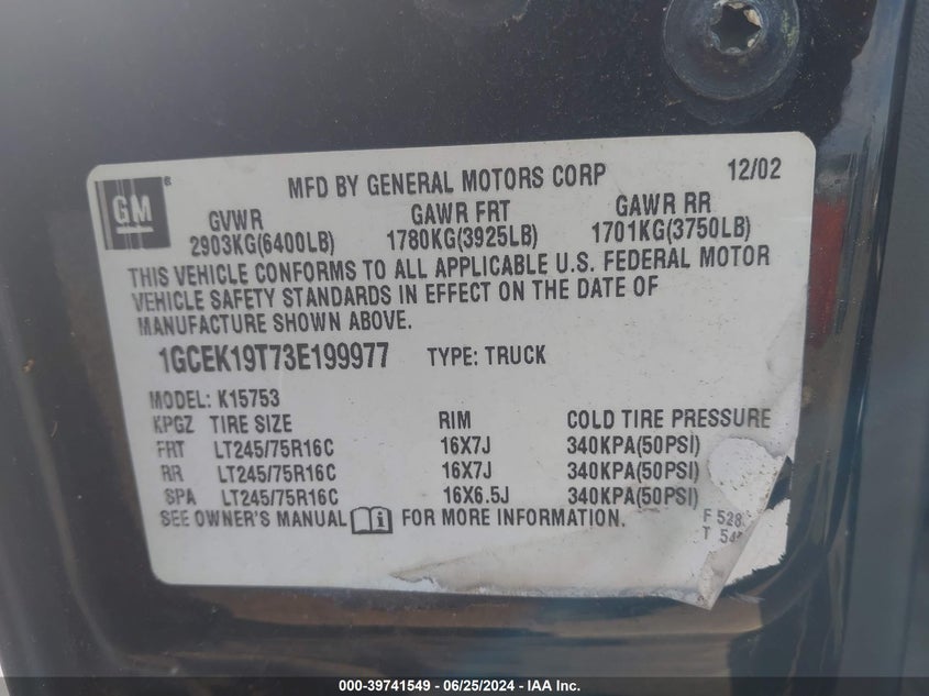 2003 Chevrolet Silverado 1500 Lt VIN: 1GCEK19T73E199977 Lot: 39741549
