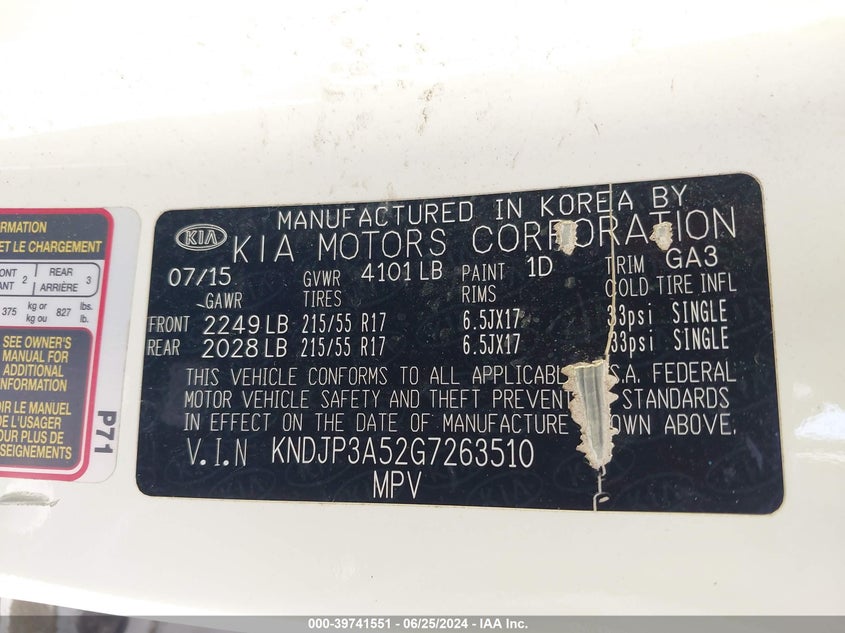 2016 Kia Soul + VIN: KNDJP3A52G7263510 Lot: 39741551