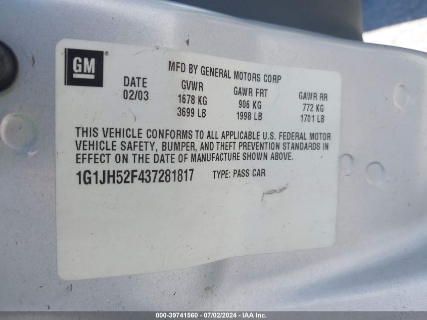 2003 Chevrolet Cavalier Ls Sport VIN: 1G1JH52F437281817 Lot: 39741560