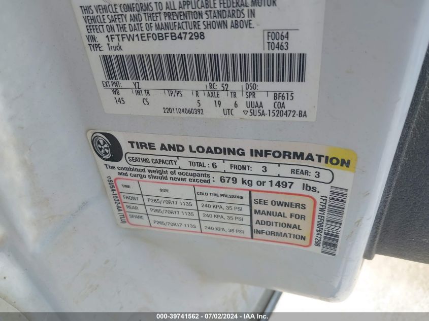 2011 Ford F-150 Xl VIN: 1FTFW1EF0BFB47298 Lot: 39741562