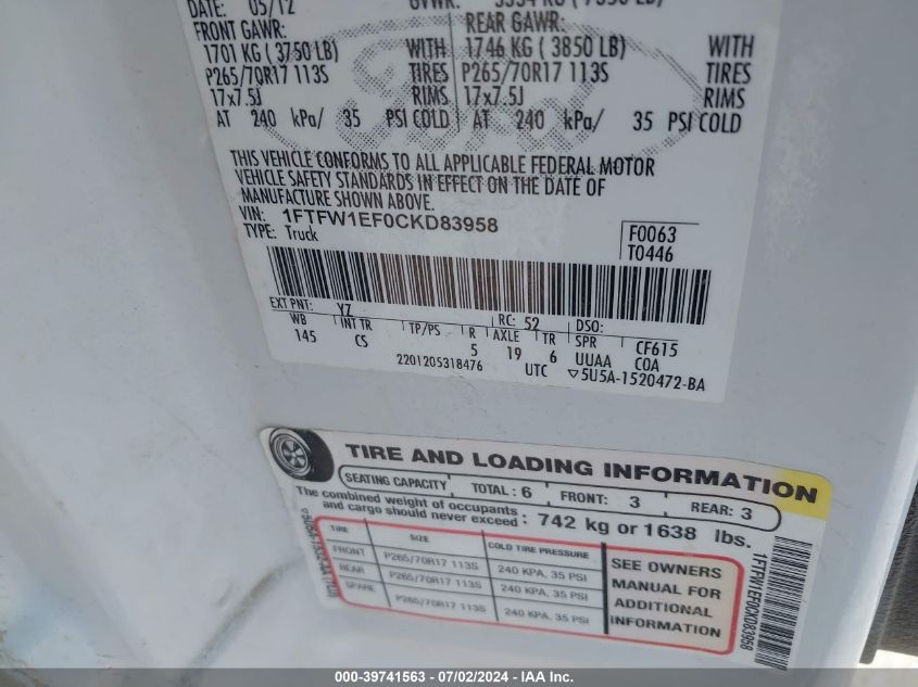 2012 Ford F-150 Xl VIN: 1FTFW1EF0CKD83958 Lot: 39741563