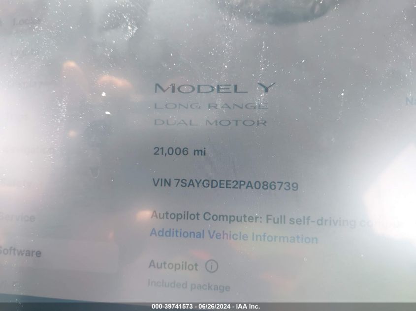 2023 Tesla Model Y Awd/Long Range Dual Motor All-Wheel Drive VIN: 7SAYGDEE2PA086739 Lot: 39741573