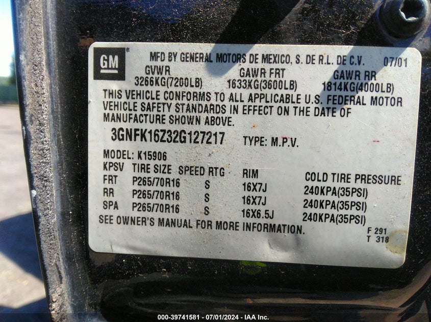 2002 Chevrolet Suburban 1500 Ls VIN: 3GNFK16Z32G127217 Lot: 39741581