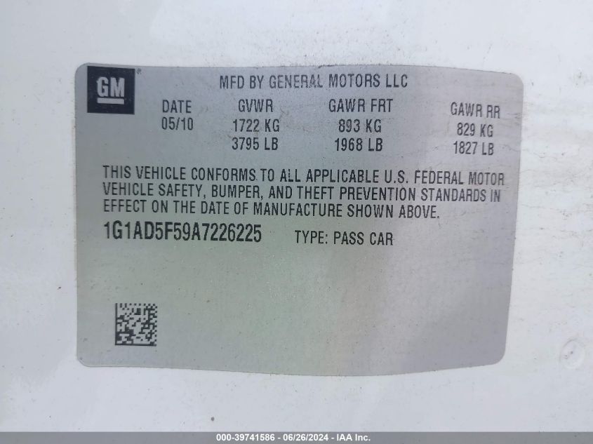 2010 Chevrolet Cobalt 1Lt VIN: 1G1AD5F59A7226225 Lot: 39741586