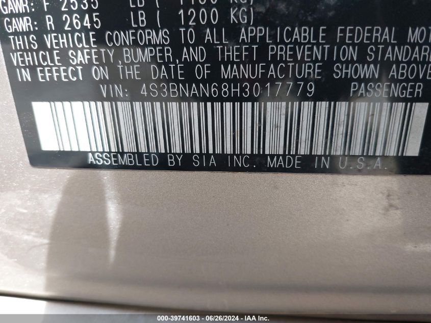 2017 Subaru Legacy 2.5I Limited VIN: 4S3BNAN68H3017779 Lot: 39741603