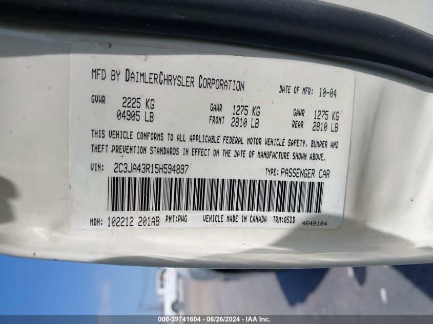 2005 Chrysler 300 VIN: 2C3JA43R15H594897 Lot: 39741604