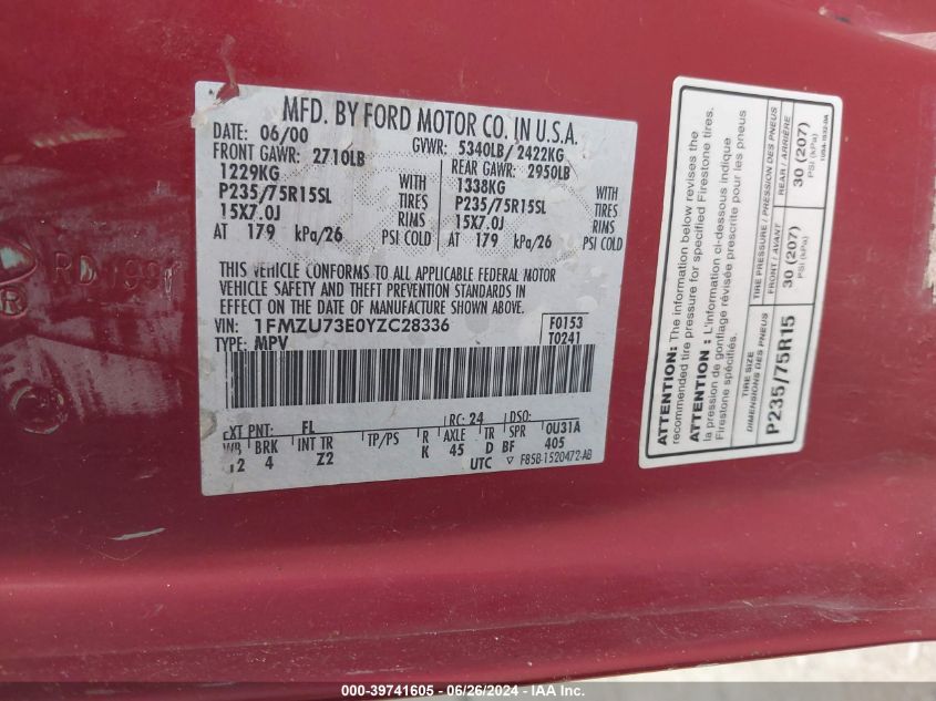 2000 Ford Explorer Xlt VIN: 1FMZU73E0YZC28336 Lot: 39741605