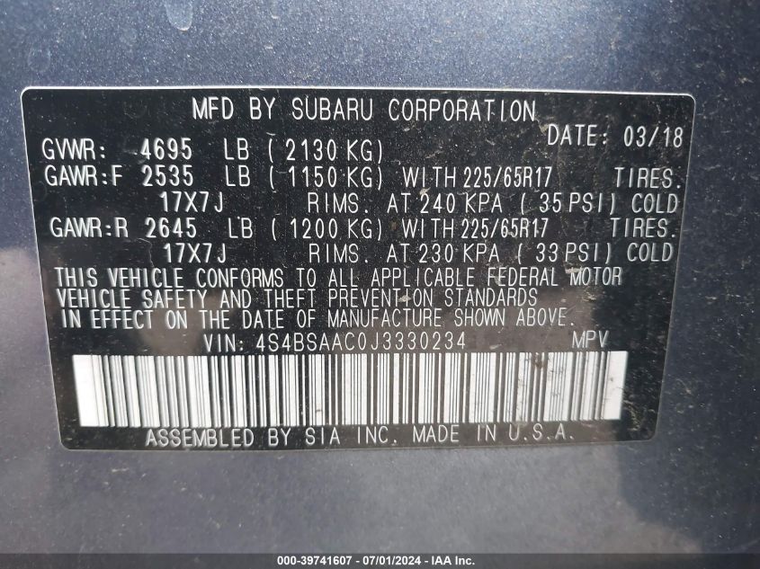 2018 Subaru Outback 2.5I VIN: 4S4BSAAC0J3330234 Lot: 39741607