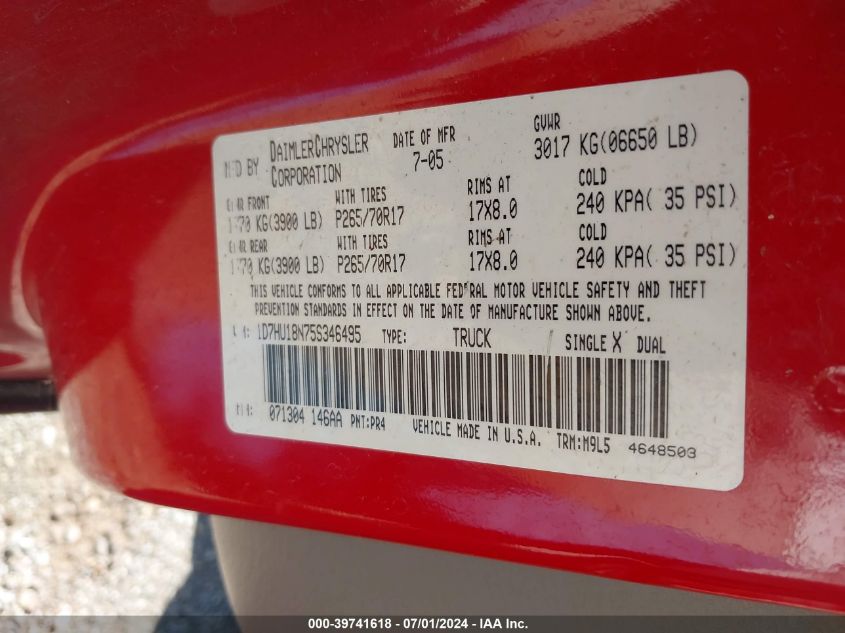 2005 Dodge Ram 1500 Slt/Laramie VIN: 1D7HU18N75S346495 Lot: 39741618