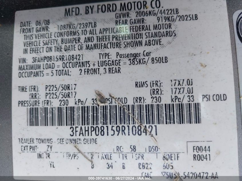 2009 Ford Fusion Sel VIN: 3FAHP08159R108421 Lot: 39741630