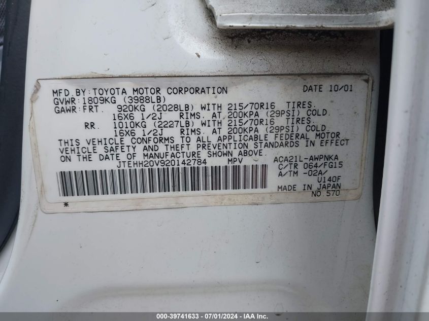 2002 Toyota Rav4 VIN: JTEHH20V920142784 Lot: 39741633