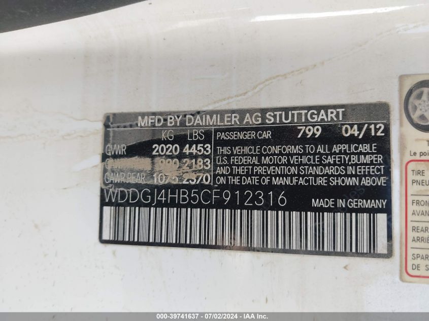 2012 Mercedes-Benz C 250 250 VIN: WDDGJ4HB5CF912316 Lot: 39741637