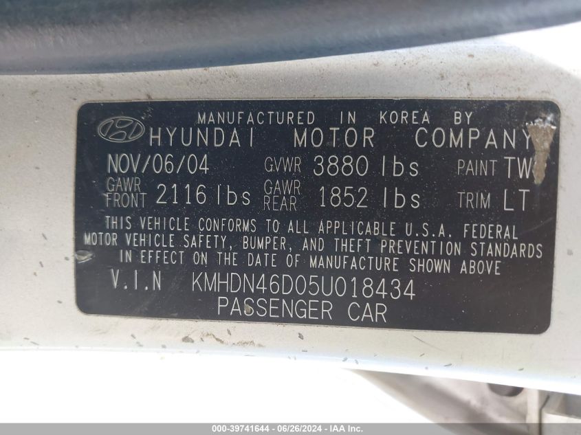 2005 Hyundai Elantra Gls/Gt VIN: KMHDN46D05U018434 Lot: 39741644