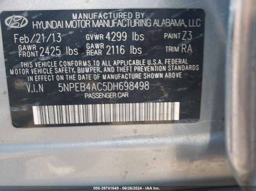 5NPEB4AC5DH698498 2013 Hyundai Sonata Gls