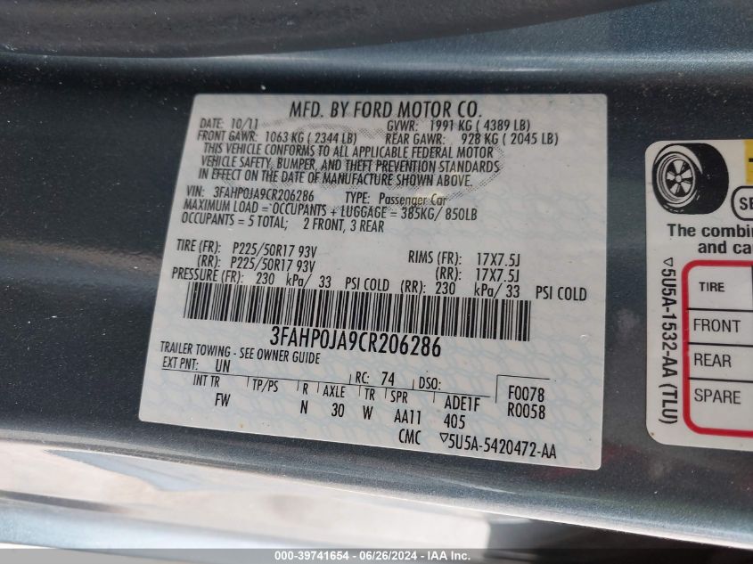 2012 Ford Fusion Sel VIN: 3FAHP0JA9CR206286 Lot: 39741654