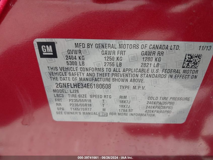 2014 Chevrolet Equinox Ltz VIN: 2GNFLHE34E6180608 Lot: 39741661