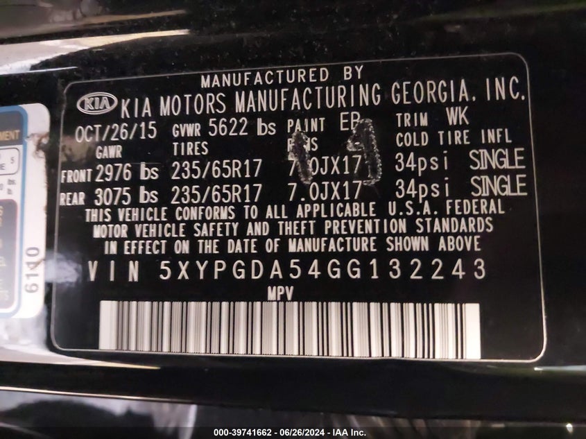 2016 Kia Sorento 3.3L Lx VIN: 5XYPGDA54GG132243 Lot: 39741662