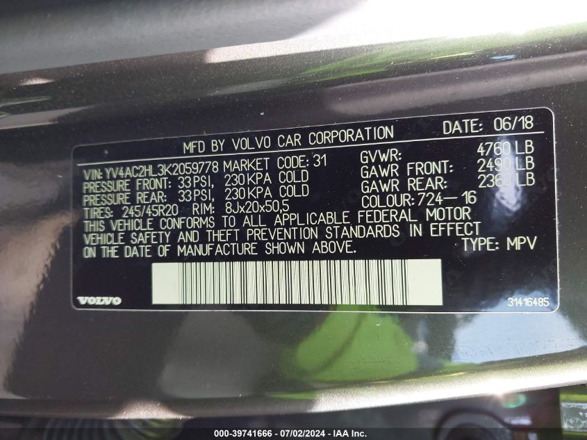 2019 Volvo Xc40 T4 Inscription VIN: YV4AC2HL3K2059778 Lot: 39741666