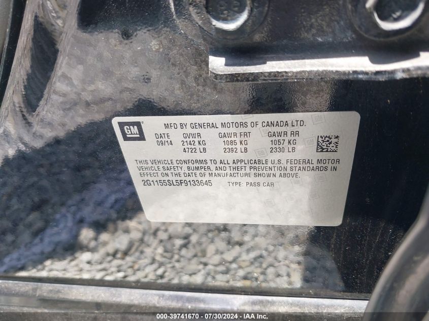 2015 Chevrolet Impala 1Lz VIN: 2G1155SL5F9133645 Lot: 39741670