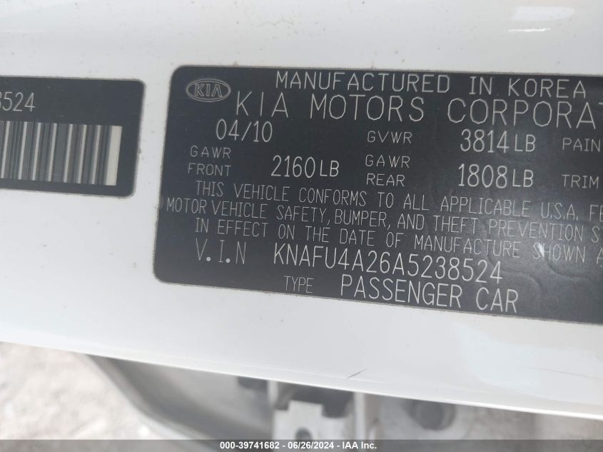 2010 Kia Forte Ex VIN: KNAFU4A26A5238524 Lot: 39741682