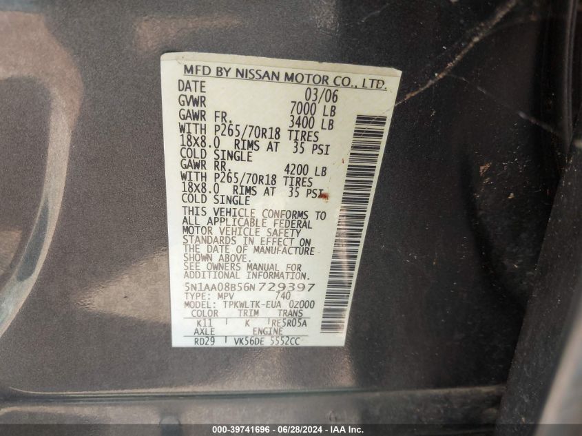2006 Nissan Armada Se VIN: 5N1AA08B56N729397 Lot: 39741696