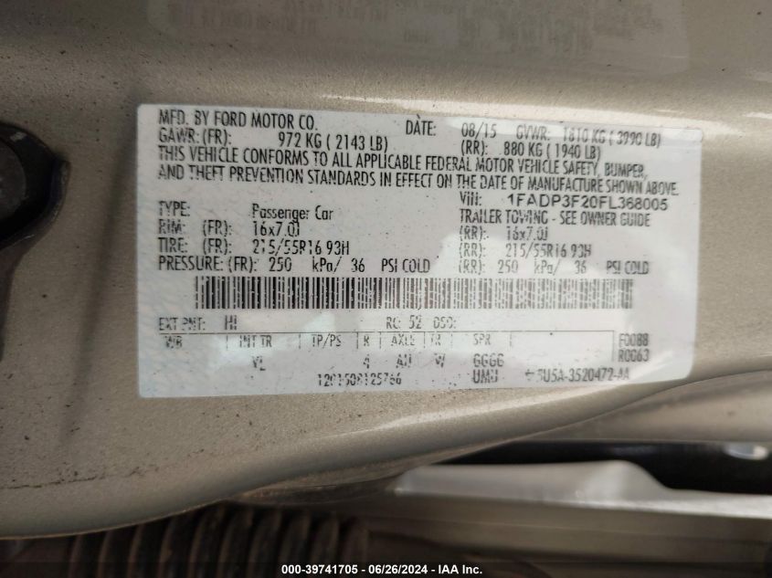 2015 Ford Focus Se VIN: 1FADP3F20FL368005 Lot: 39741705