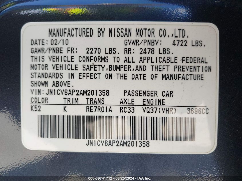 2010 Infiniti G37 Journey VIN: JN1CV6AP2AM201358 Lot: 39741712